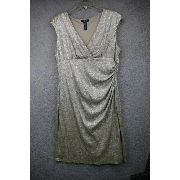 Chaps Metallic Gold Side Rouched Dress-Size 16-Shimmery-Evening-Lined - Picture 1 of 10